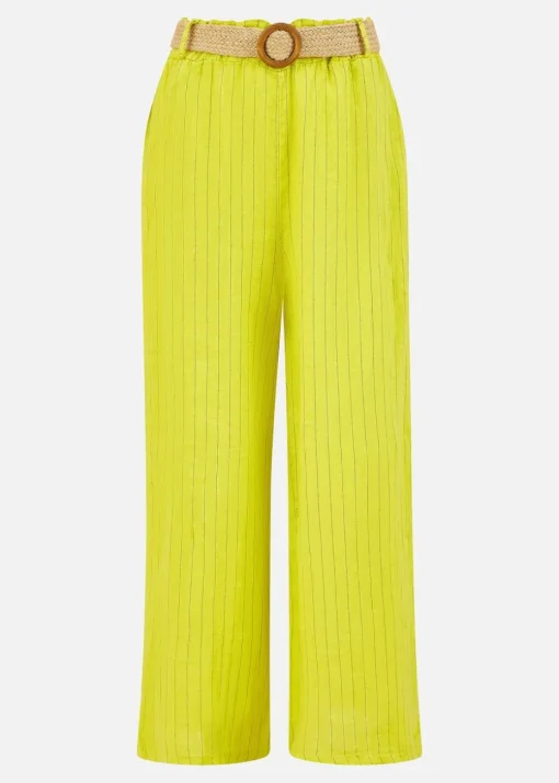Yumi Lime Striped Italian Linen Wide Leg Trousers With Belt