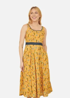 Yumi Mustard Floral Skater Dress With Denim Trims