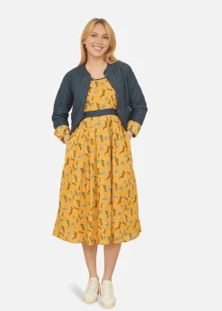 Yumi Mustard Floral Skater Dress With Denim Trims