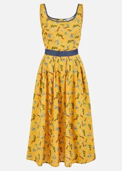 Yumi Mustard Floral Skater Dress With Denim Trims