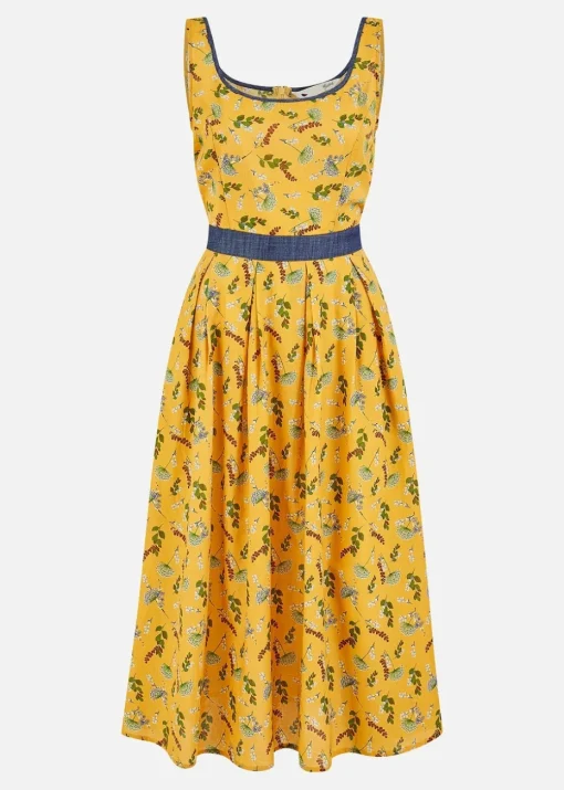 Yumi Mustard Floral Skater Dress With Denim Trims