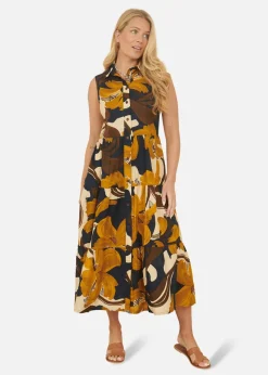 Yumi Navy Cotton Leaf Midi Sleeveless Shirt Dress