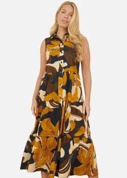 Yumi Navy Cotton Leaf Midi Sleeveless Shirt Dress