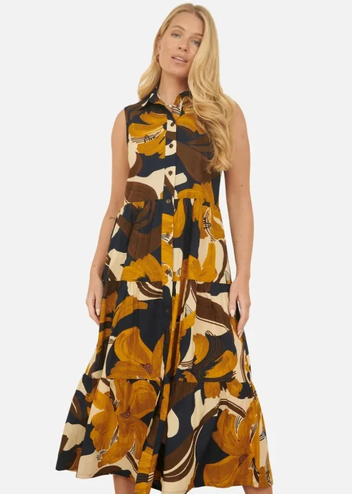 Yumi Navy Cotton Leaf Midi Sleeveless Shirt Dress