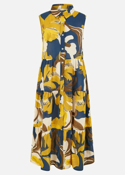 Yumi Navy Cotton Leaf Midi Sleeveless Shirt Dress