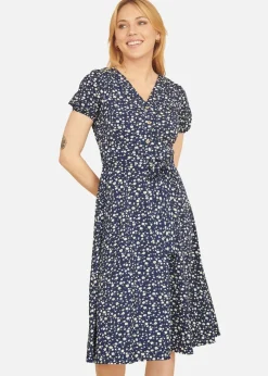 Yumi Navy Ditsy Floral Midi Shirt Dress