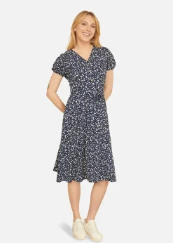 Yumi Navy Ditsy Floral Midi Shirt Dress