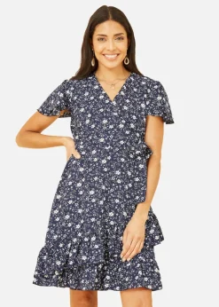 Yumi Navy Ditsy Floral Wrap Frill Dress