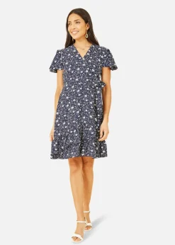 Yumi Navy Ditsy Floral Wrap Frill Dress