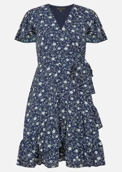 Yumi Navy Ditsy Floral Wrap Frill Dress
