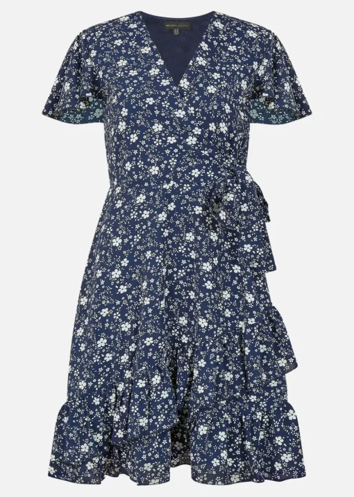 Yumi Navy Ditsy Floral Wrap Frill Dress