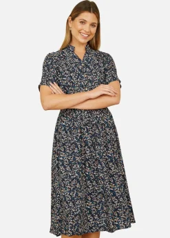 Yumi Navy Ditsy Print Ruched Waist Button Down Midi Dress