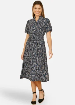 Yumi Navy Ditsy Print Ruched Waist Button Down Midi Dress