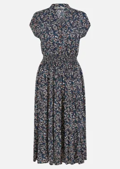 Yumi Navy Ditsy Print Ruched Waist Button Down Midi Dress