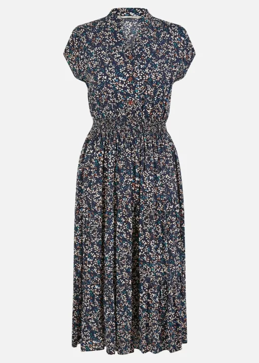 Yumi Navy Ditsy Print Ruched Waist Button Down Midi Dress