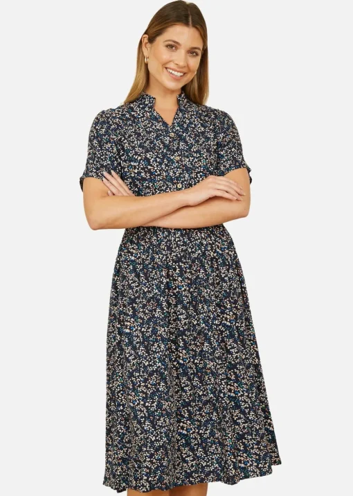 Yumi Navy Ditsy Print Ruched Waist Button Down Midi Dress