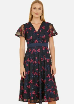 Yumi Navy Embroidered Floral Mesh Wrap Midi Skater Dress