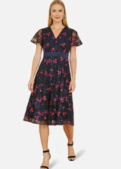 Yumi Navy Embroidered Floral Mesh Wrap Midi Skater Dress
