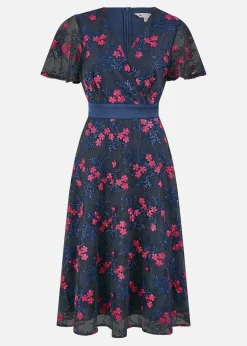 Yumi Navy Embroidered Floral Mesh Wrap Midi Skater Dress