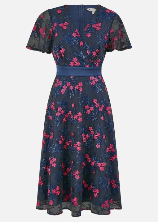 Yumi Navy Embroidered Floral Mesh Wrap Midi Skater Dress