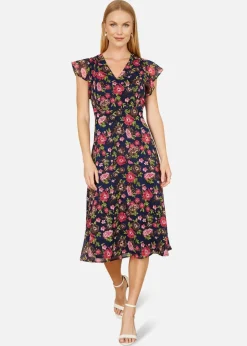 Yumi Navy Floral Midi Skater Dress