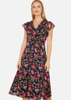 Yumi Navy Floral Midi Skater Dress