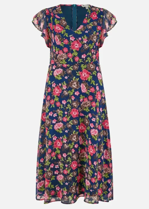 Yumi Navy Floral Midi Skater Dress
