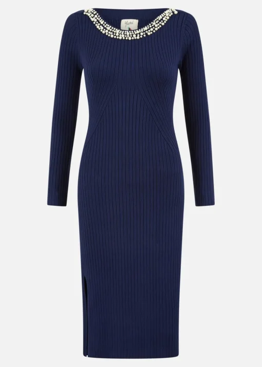 Yumi Navy Pearl Neckline Fitted Midi Knitted Dress