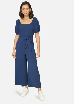 Yumi Navy Square Neck Puff Sleeve Culotte Jumpsuit