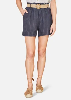 Yumi Navy Striped Italian Linen Shorts With Belt