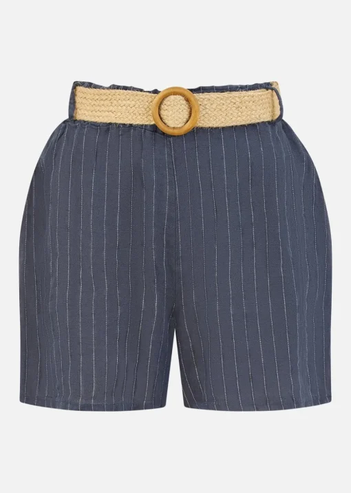 Yumi Navy Striped Italian Linen Shorts With Belt