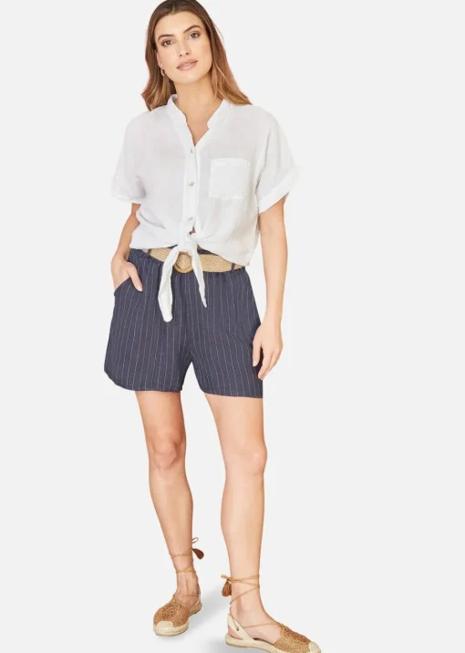 Yumi Navy Striped Italian Linen Shorts With Belt
