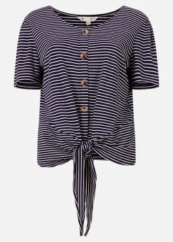 Yumi Navy Striped Jersey Button Detail Top
