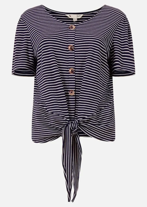 Yumi Navy Striped Jersey Button Detail Top