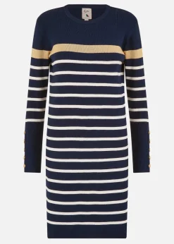 Yumi Navy Striped Knitted Dress With Button Cuff Detail