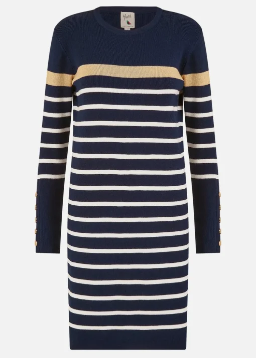 Yumi Navy Striped Knitted Dress With Button Cuff Detail