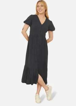 Yumi Navy Viscose Button Through Midi Dress