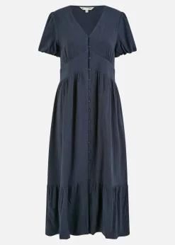 Yumi Navy Viscose Button Through Midi Dress