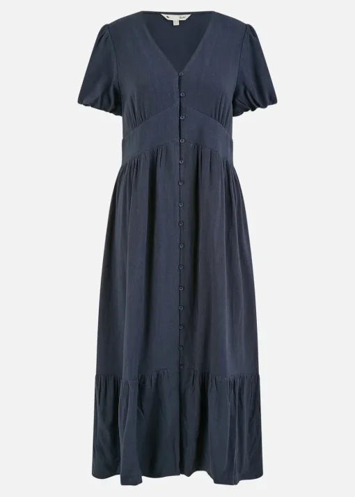 Yumi Navy Viscose Button Through Midi Dress