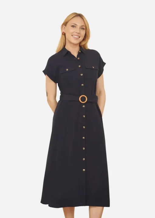 Yumi Navy Viscose Linen Look Midi Shirt Dress With Wooden Belt