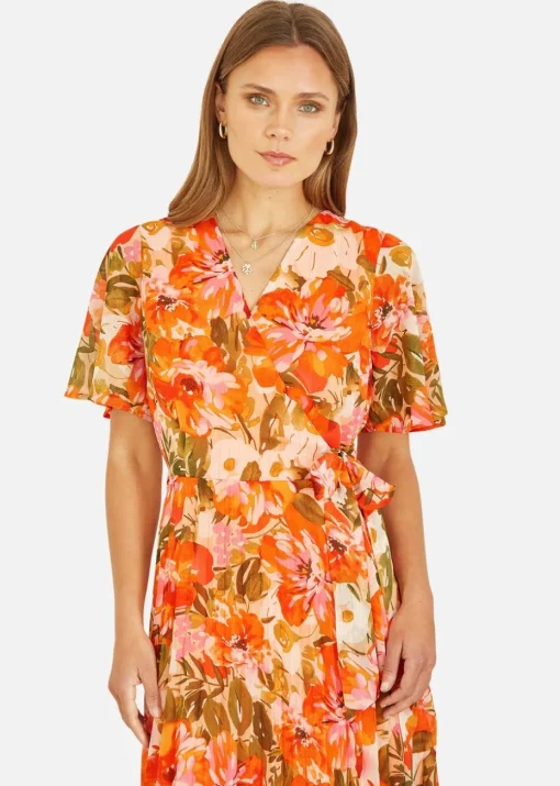 Yumi Orange Floral Midi Wrap Pleated Dress