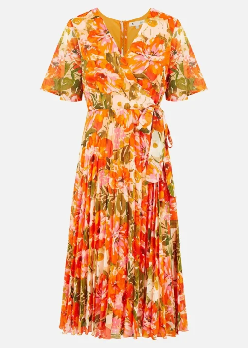 Yumi Orange Floral Midi Wrap Pleated Dress