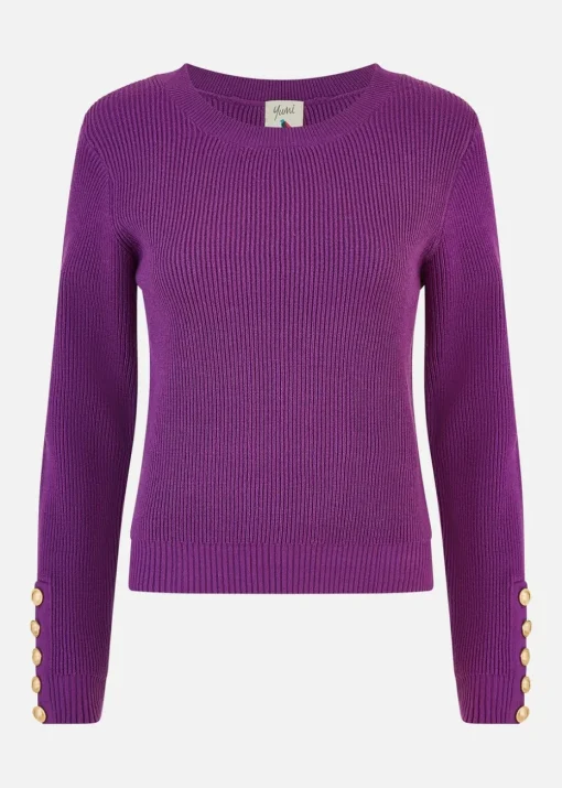 Yumi Purple Rib Knitted Jumper With Sleeve Button Detail