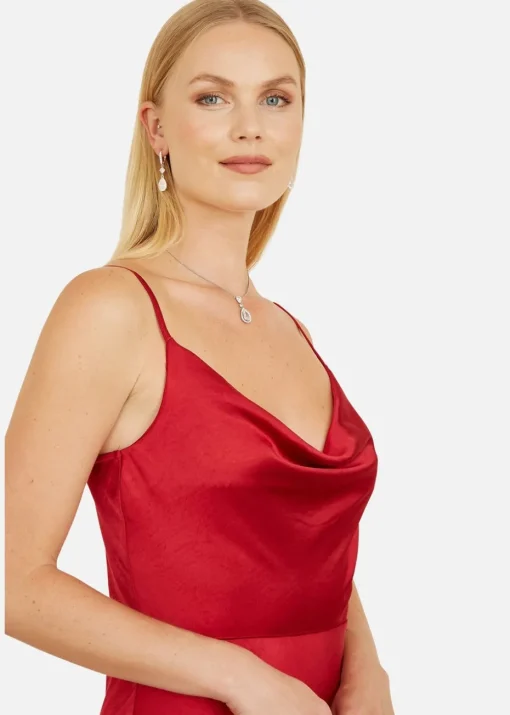 Yumi Red Satin Cowl Neck Midi Dress