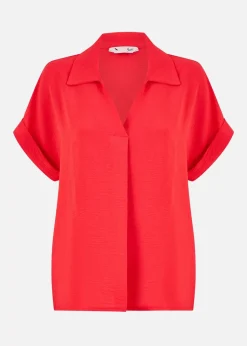 Yumi Red Stretch Relaxed Top With Collar