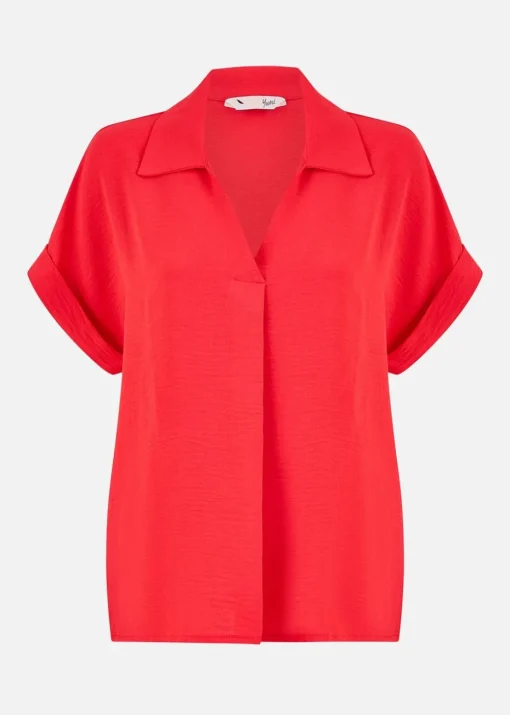 Yumi Red Stretch Relaxed Top With Collar