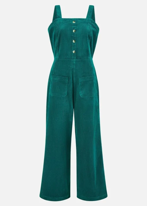 Yumi Teal Cord Stretch Dungaree Style Jumpsuit