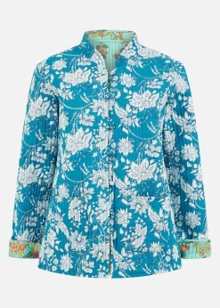 Yumi Teal Floral Reversible Cotton Quilted Jacket