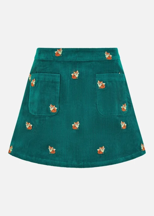 Yumi Teal Fox Embroidered Cord Mini Skirt