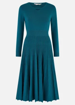 Yumi Teal Knitted Pleated Skater Dress With Notch Neckline